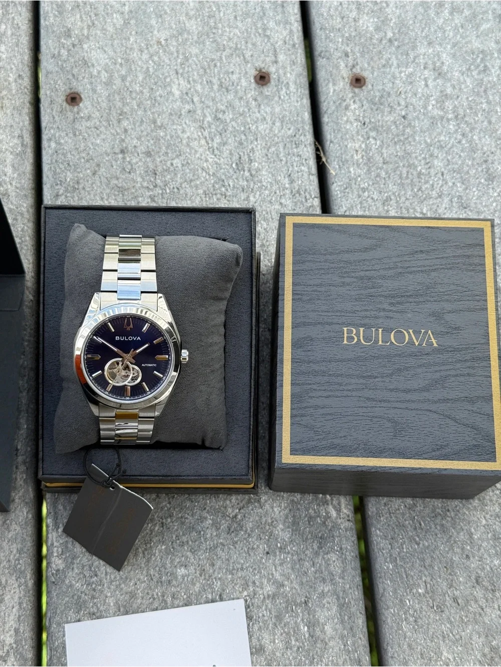 Bulova Silver Stainless Steel automatic men’s Watch with Blue Open-Heart Dial